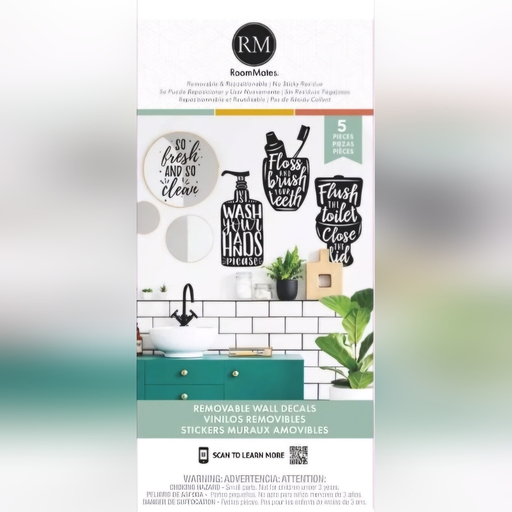 RoomMates Wash Your Hands Black Quote Peel and Stick Wall Decals, 7.42 in x 16.6